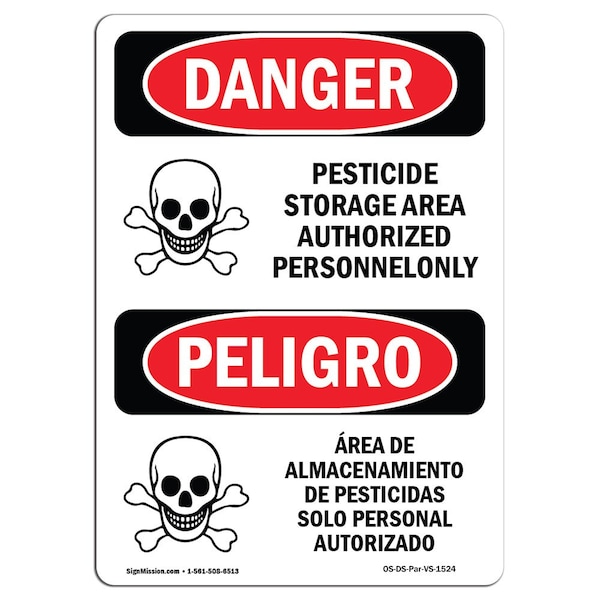 Safety Sign, OSHA Danger, 24" Height, Rigid Plastic, Pesticide Storage Area Bilingual Spanish